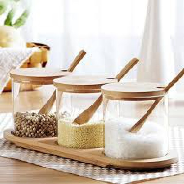SET X 3 FRASCO VIDRIO T/BAMBU BANDEJA BAMBU